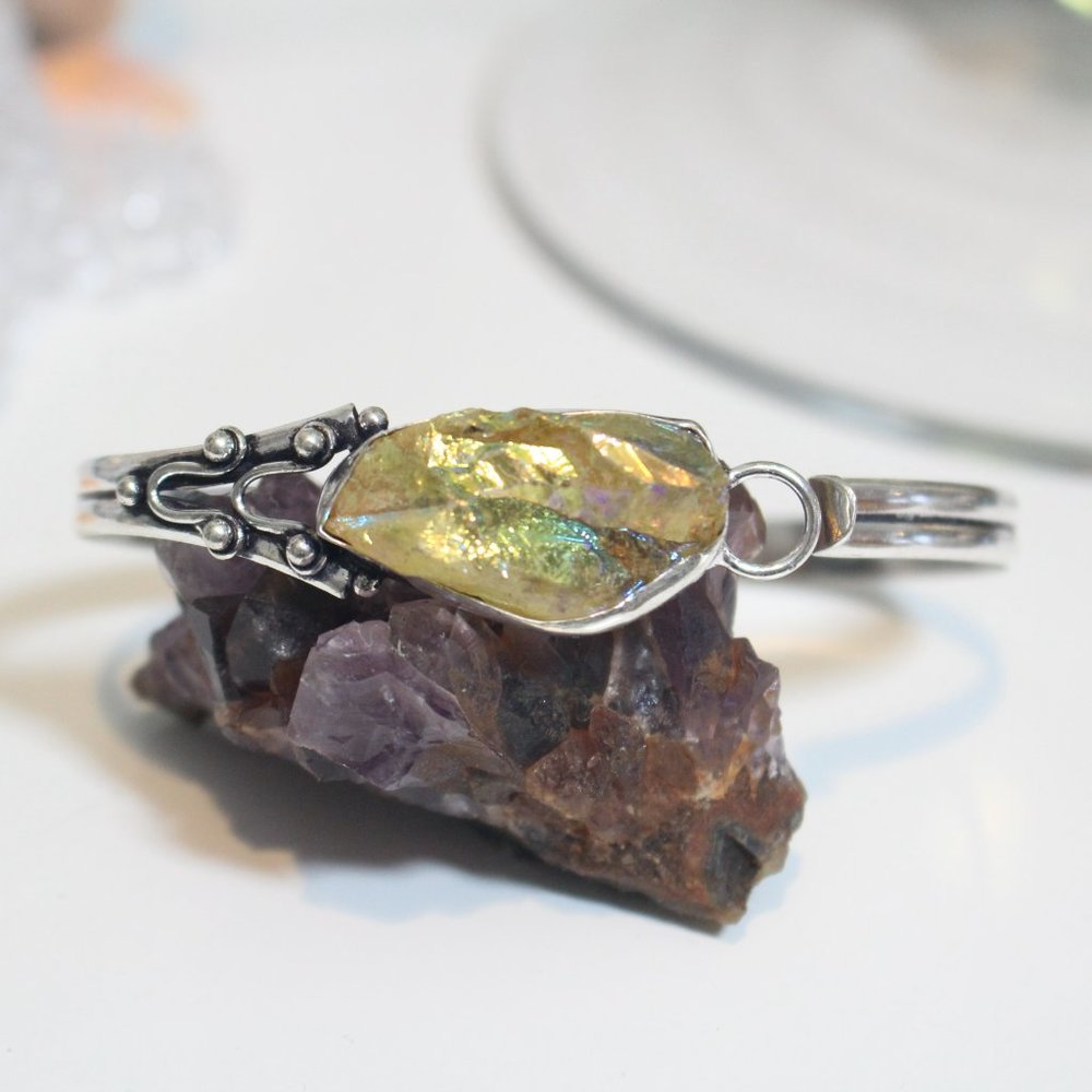 Yellow Titanium Druzy Sterling Silver Gemstone Bangle Bracelet - Picture 3 of 9